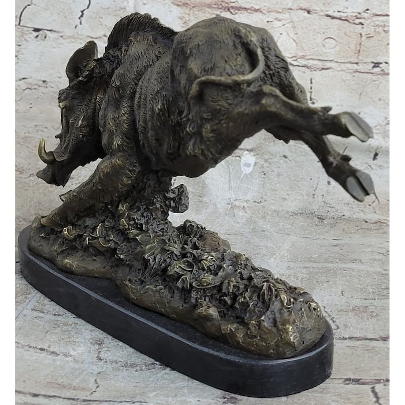Wild Boar Feral Hog Pig Kicking Hind Legs Bronze Sculpture Statue Figure On Marble Base