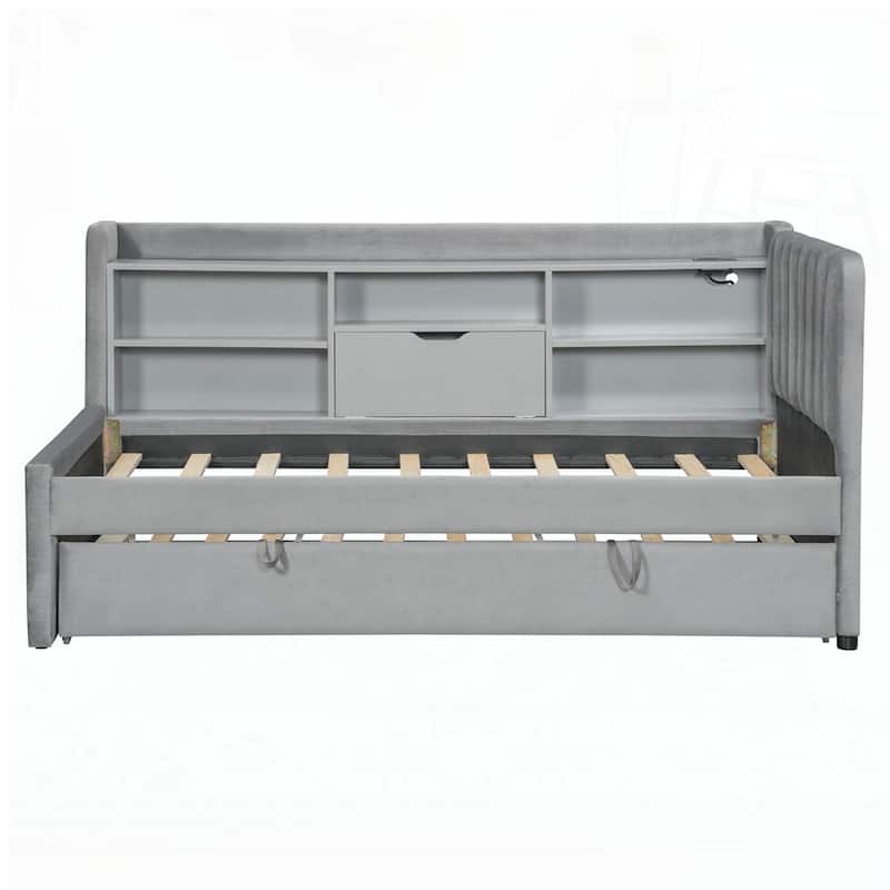 Upholstered Daybed with Trundle and Storage Shelves