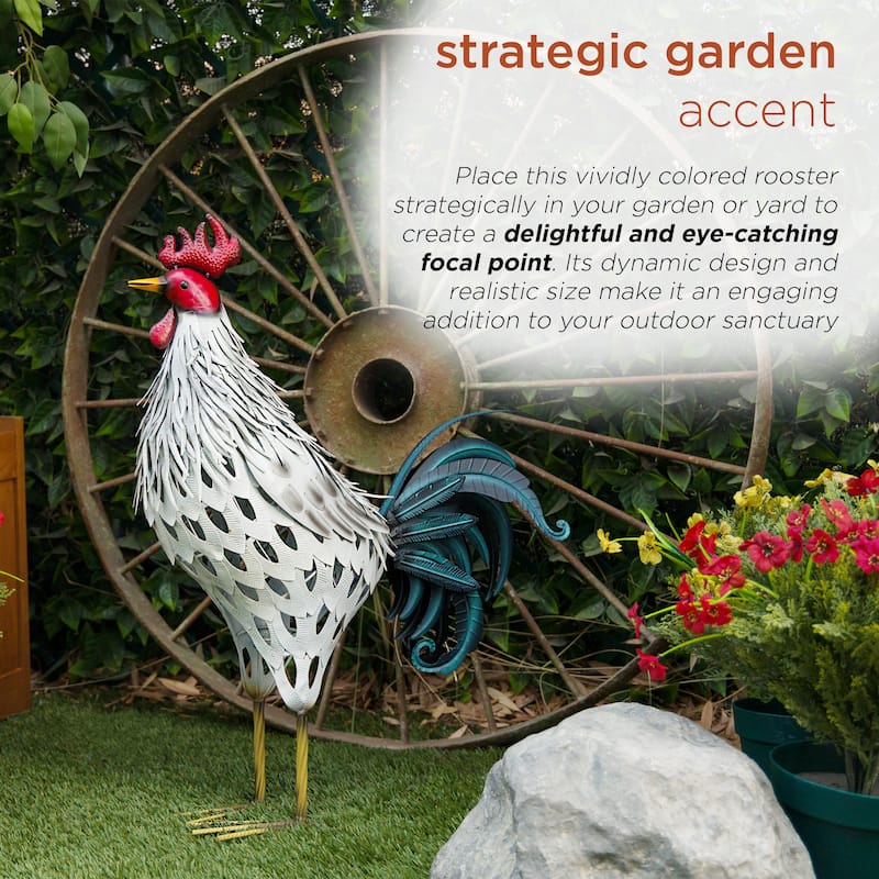 Metal White Feathered Rooster Decor
