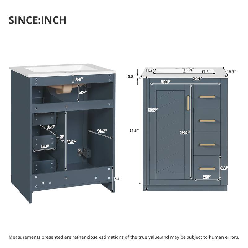 24" Bathroom Vanity with Integrated Ceramic Sink, Bathroom Cabinet with 1 Door, 3 Drawers, Single Sink Bathroom Vanity