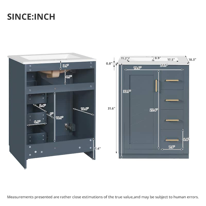 24-Inch Bathroom Vanity with Sink, Modern Solid Wood and MDF Cabinet with 1 Door and 3 Drawers for Small Bathroom