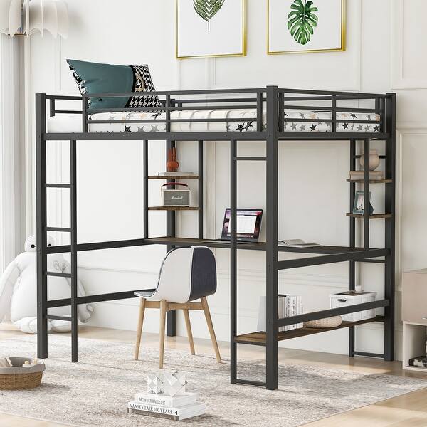 slide 2 of 9, Metal&MDF Bed Full Size Loft with Long Desk and Shelves Black
