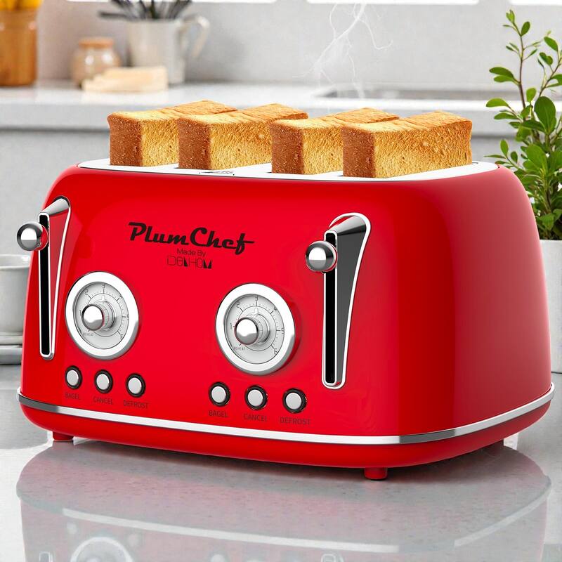 4 Slice Retro Style Toaster with Dual Control, Stainless Steel Toaster 1650W, 6 Browning Levels, Bagel Defrost