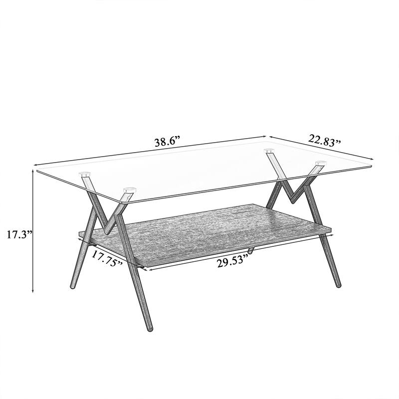 Rectangle Coffee Table with Tempered Glass Top and Shelf