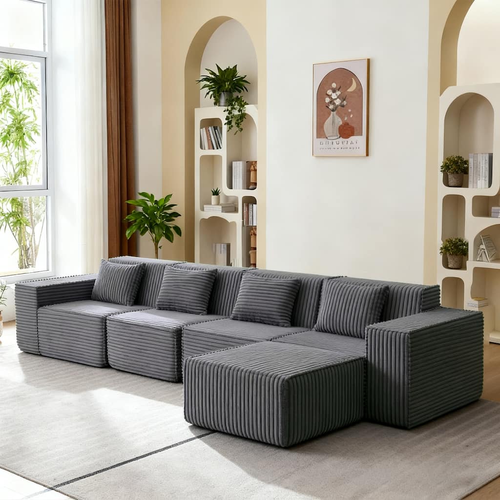L-Shaped Modular Sectional Sofa with Ottoman, Striped Corduroy Deep Seat Cloud Couch, Large 4-Seat Corner Sofa