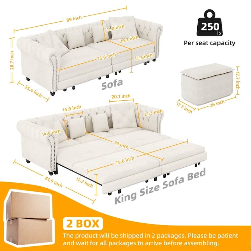 3-in-1 Pull-Out Convertible Sleeper Sofa Bed with Movable Ottoman