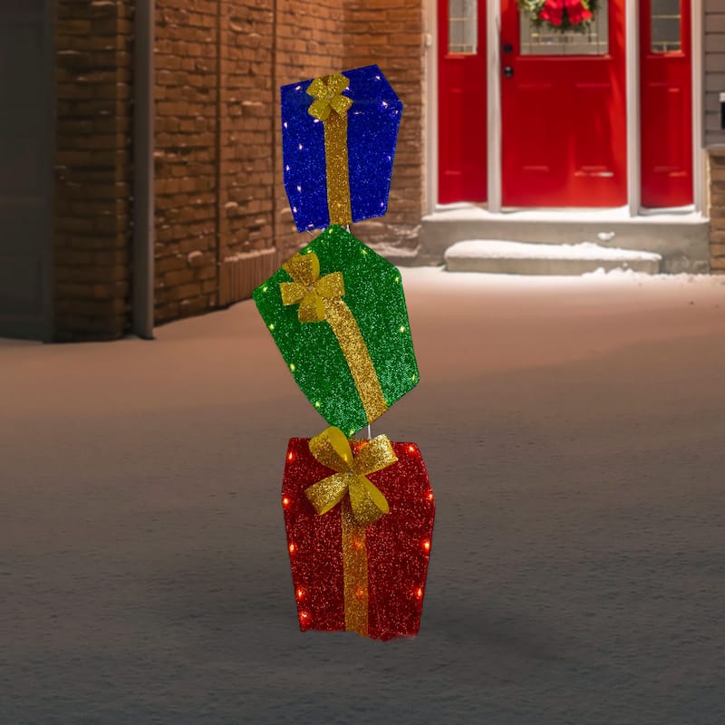 48" LED Lighted Tinsel Stacked Gift Boxes Outdoor Christmas Decoration