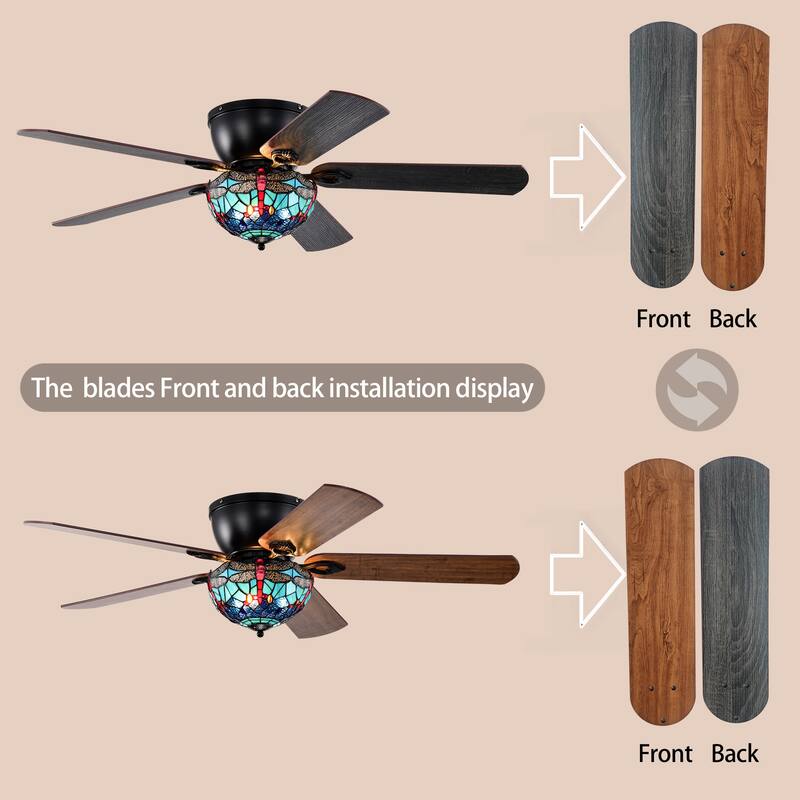 Pluvey 52-Inch Flushmount Lighted Ceiling Fan Blue Red Draginfly Tiffany Glass Lamp Black Finish