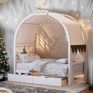 Twin Size Kids Bed With Arched Roof Light Strip Interactive Whiteboard/2 Drawers