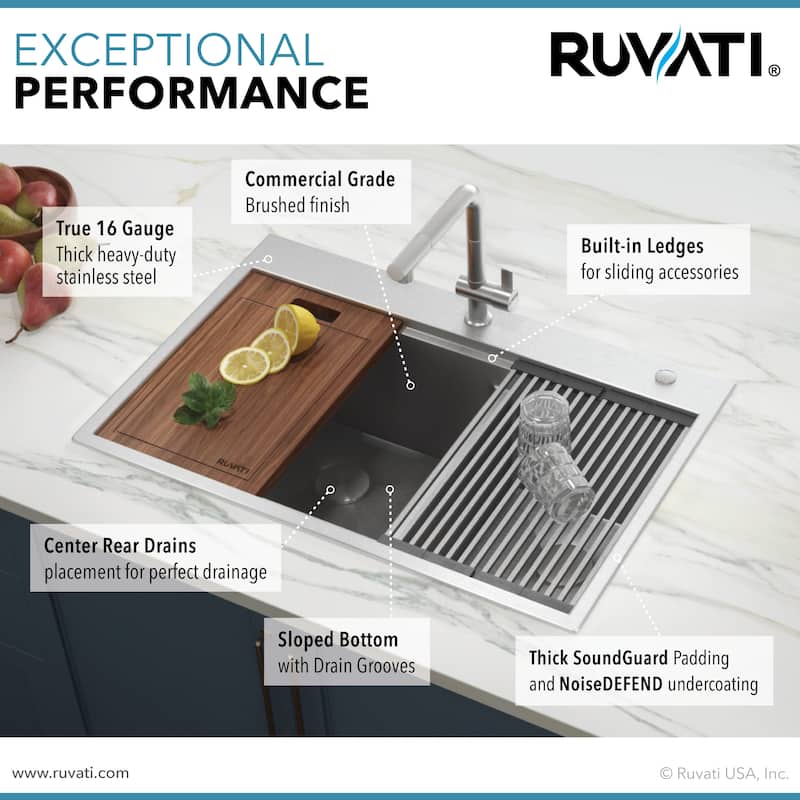 Ruvati 33 x 22 inch Workstation 60/40 Double Bowl Topmount 16 Gauge Stainless Steel Kitchen Sink - 33"x22"