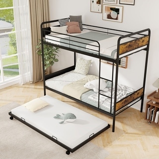 Gymax Twin Over Twin Bunk Bed w/ Trundle Industrial Metal Bunkbed