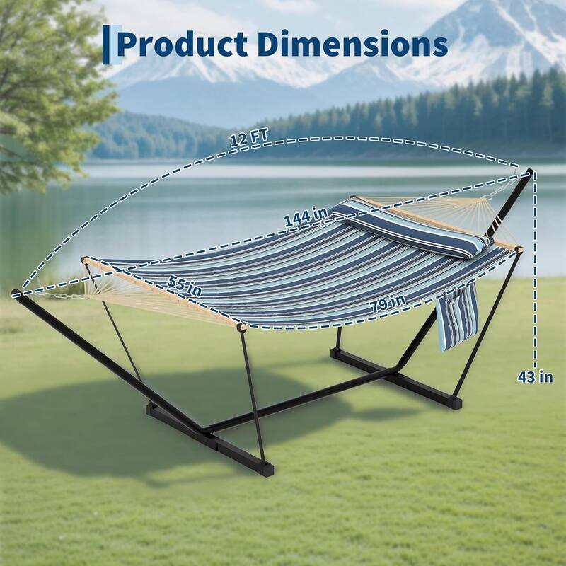 Heavy Duty Portable Double Hammock with Stand for Outdoor Patio, Garden, Beach, Backyard