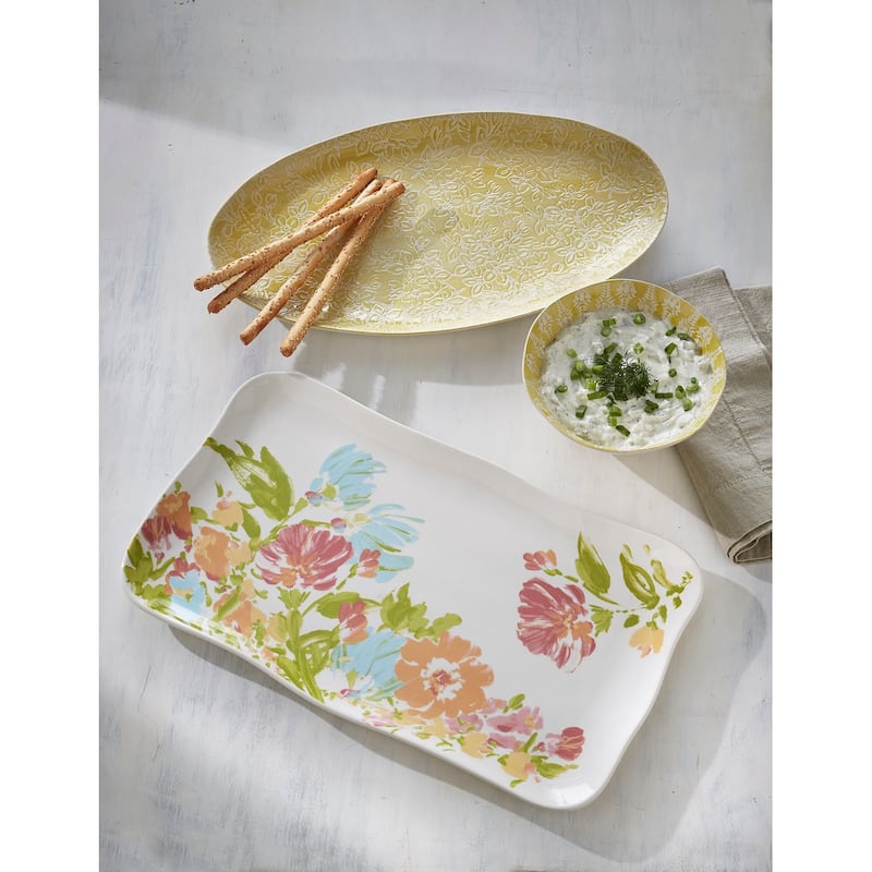 Bloom & Blossom Multicolor Rectangular Serving Platter - 17x10 inches, Dishwasher Safe Ceramic for Spring and Summer