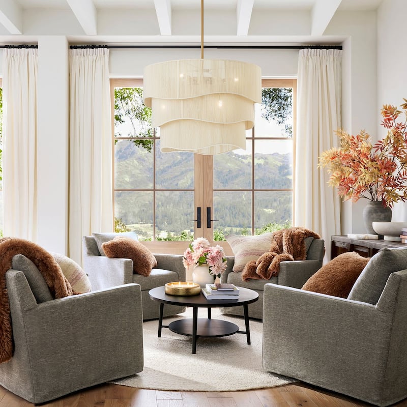 6-Light Modern Boho Large Drum Chandelier 3-Tiered Farmhouse Handwoven Ivory Rope Fabric Chandelier