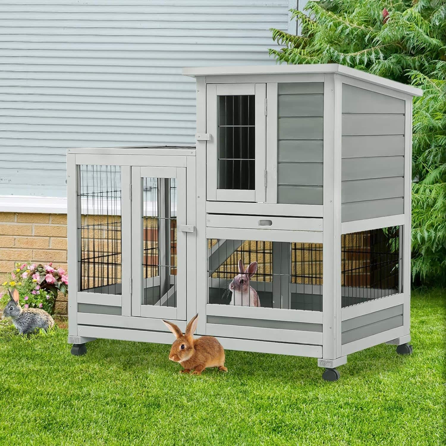 AECOJOY Indoor Wooden Rabbit Hutch Pet House for Small Animals with Run ...