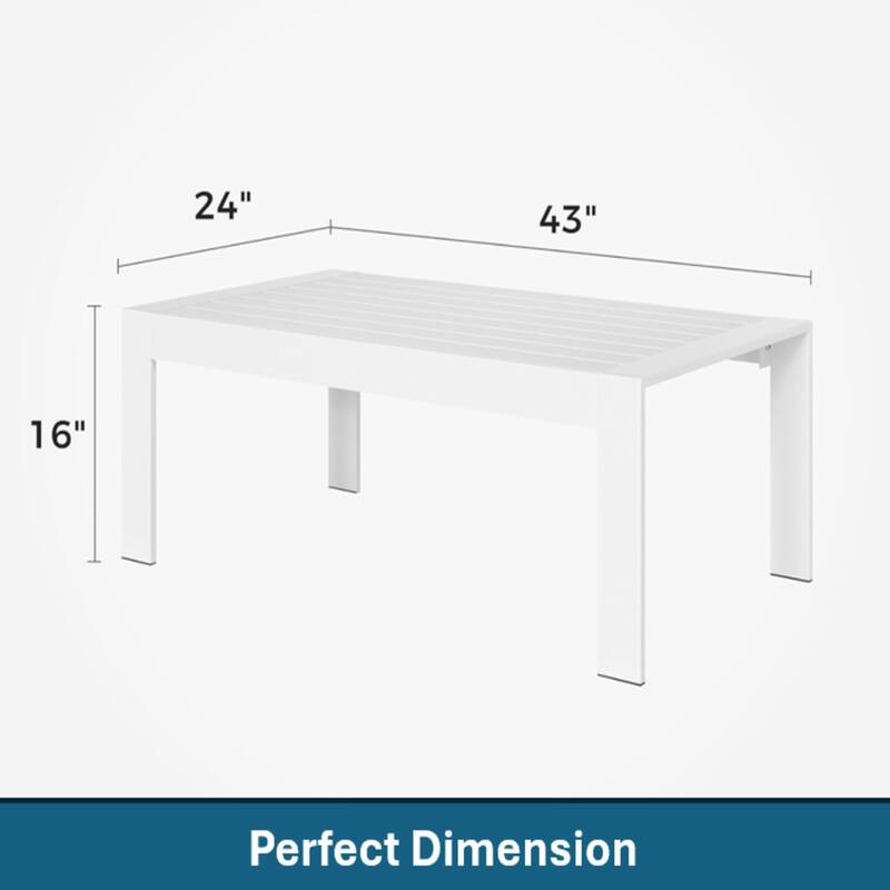 43" Aluminum Patio Coffee Table, Modern White Rectangle Table