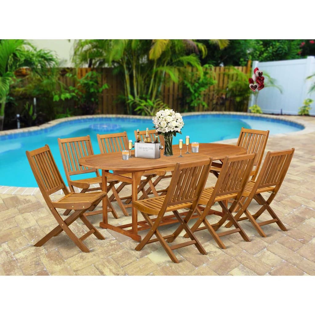 HomeStock 9-Piece Round Natural Oak Finish Solid Wood Top Dining Table with 8-Chairs with Slat Back