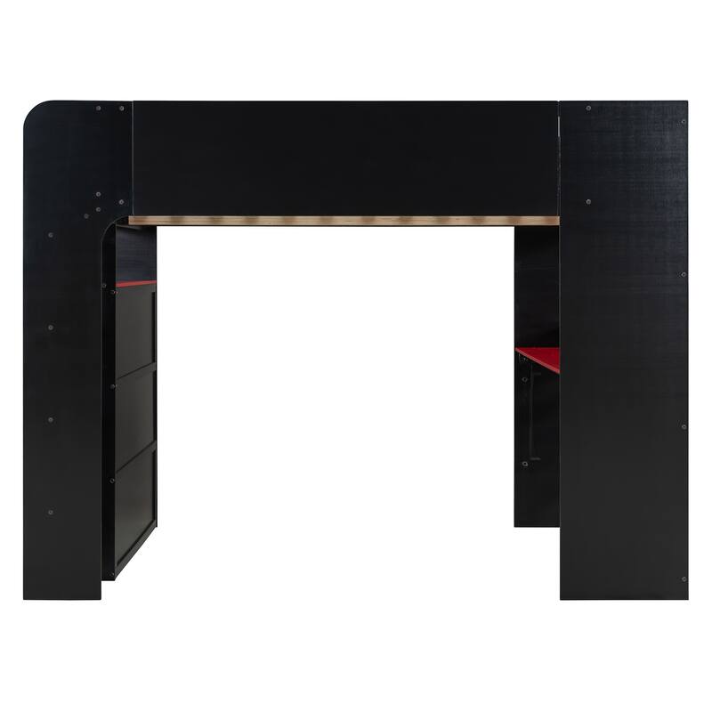 Full Size Esports Loft Bed, Built-In Gaming Station with Adjustable Desk, Wardrobe, Book Shelves, USB Port & RGB Strip Lighting
