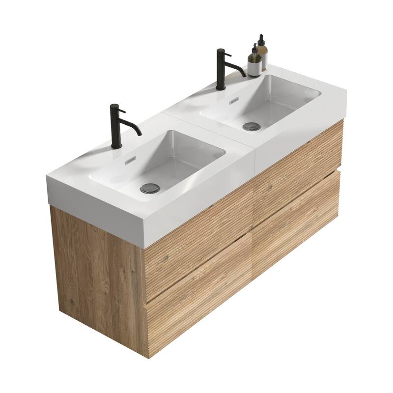 GDFStudio - Grace Wall-Mounted Bathroom Vanity with Engineered Quartz Sink & Soft Close Drawers, without Drainage and Faucet
