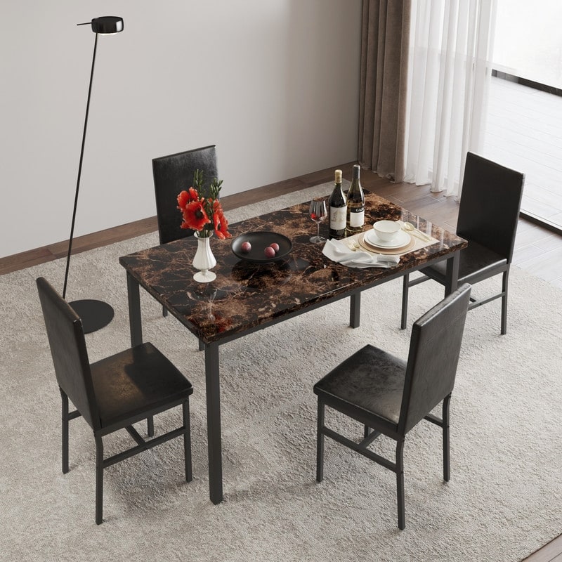 Grondin Modern Contemporary 5 Pieces Dining Table Set with Faux Marble Top and 4 PU Leather Upholstered Chairs