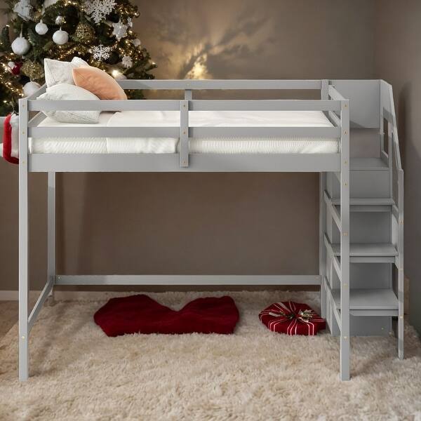 Full Size Kids Bed with Builtin Storage Wardrobe and Staircase Loft Bed Grey Bed Bath