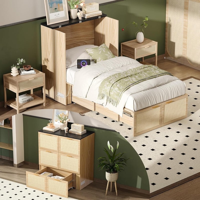 Rattan Murphy Bed with Storage Drawer, Space-Saving Cabinet Bed for Kids,Adults and Guests,Beige