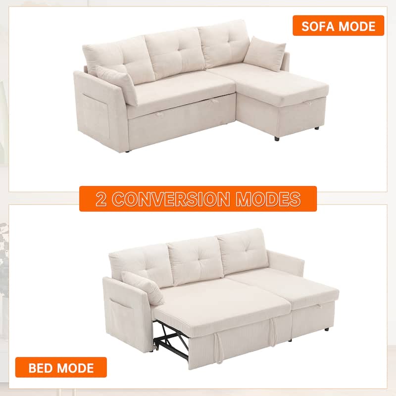 Corduroy/Chenille Upholstered L-Shaped Storage Reversible Chaise Sectional Sofa with Side Pocket