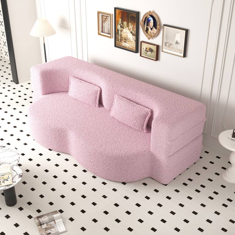 Modern Floor Sofa with 2 Pillows,Convertible Teddy Fabric Foam-Filled Sleeper Sofa Bed,15" Full Size Folding Mattress