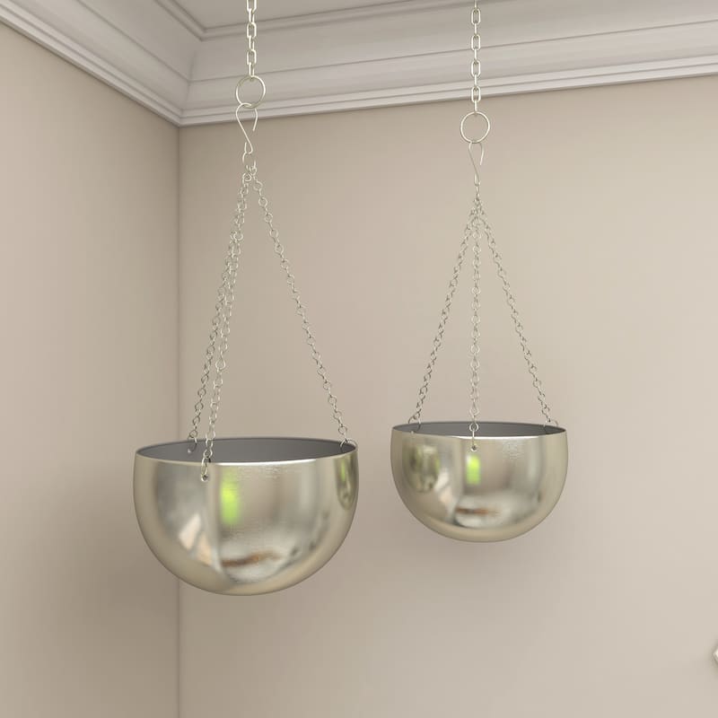 Metal Hanging Dome Indoor Outdoor Wall Planter with Chain - Set of 2 Silver, Gold or Black - Roche River Decor