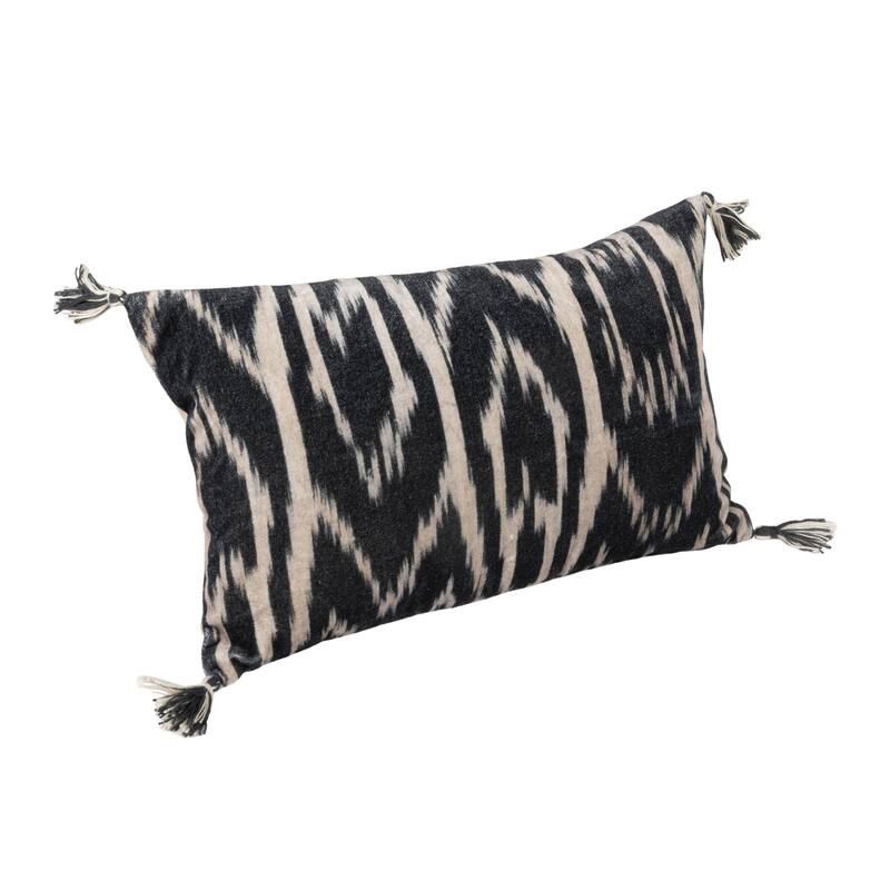 Cotton Velvet Ikat Printed Lumbar Pillow with Tassels and Chambray Back