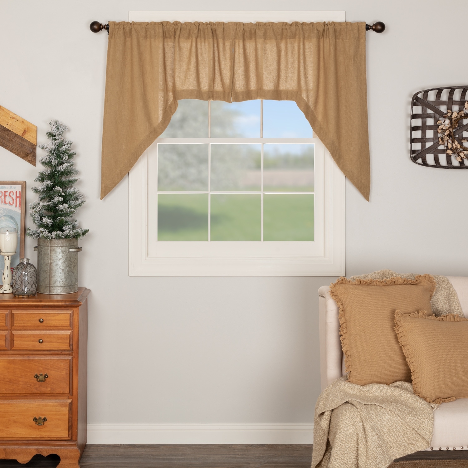 Farmhouse Kitchen Curtains VHC Cotton Burlap Natural Swag Pair Rod Pocket Solid Color - Swag 36x36x16 - Swag 36x36x16