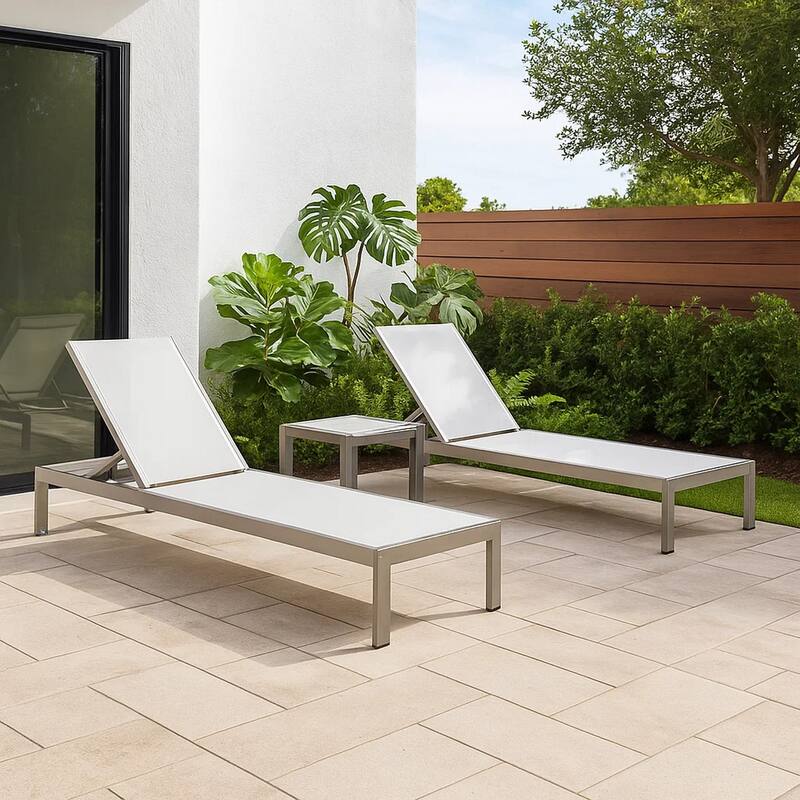 Metal Frame Adjustable Lounger with Side Table, Set of 2, Gray and White