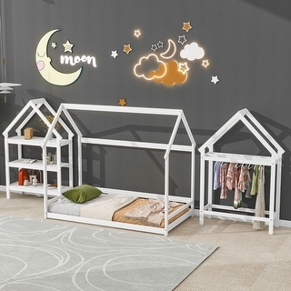 Kids bedroom set Twin size wood house bed with storage shelf and hanger