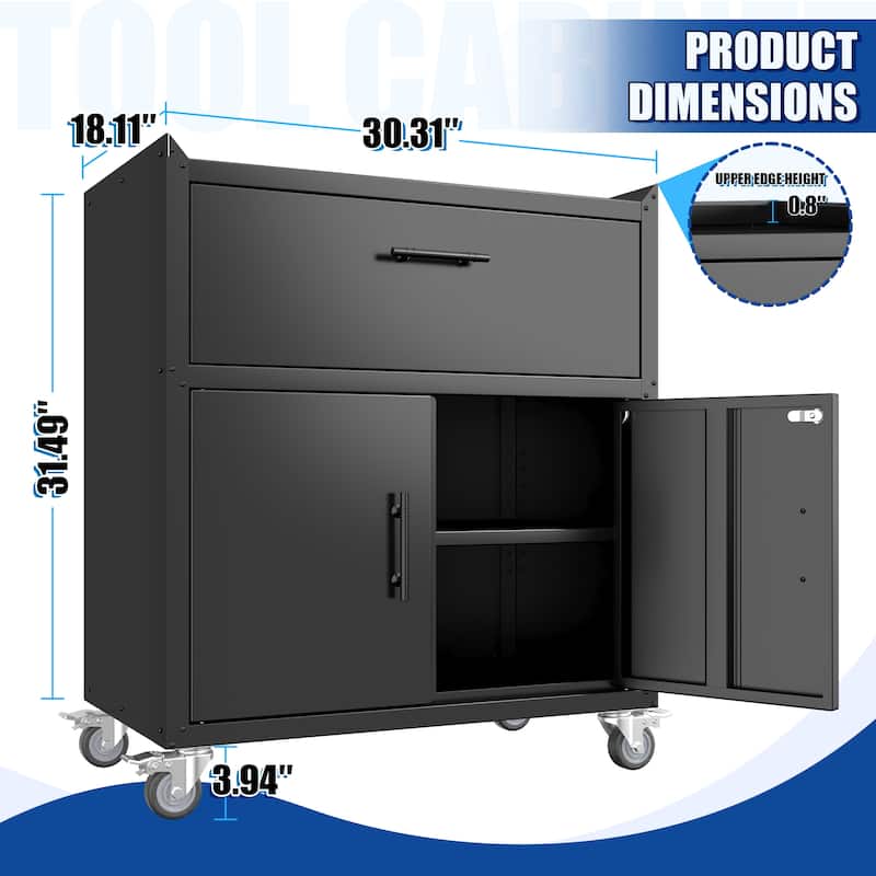 2 Door + 1 Drawer Tool Cabinets for Garage, Lockable Garage Storage Cabinet, with Wheels, Rolling Tool Chest