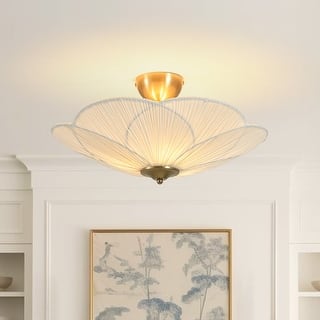 3-Light French Country White Ribbed Fabric Round Bloom Ceiling Light