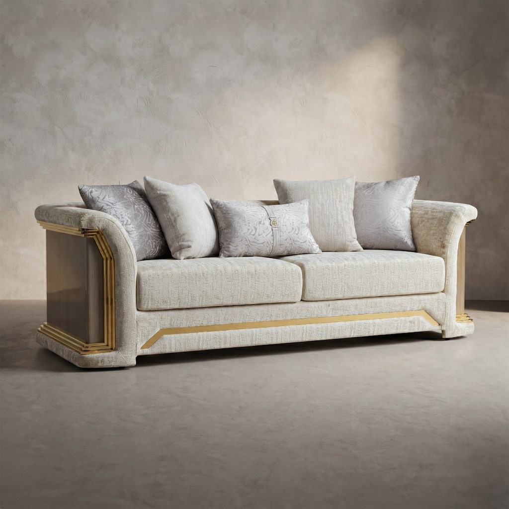 Furniture of America Ospray V Glam Upholstered Metallic Taupe Sofa with Accent Pillows