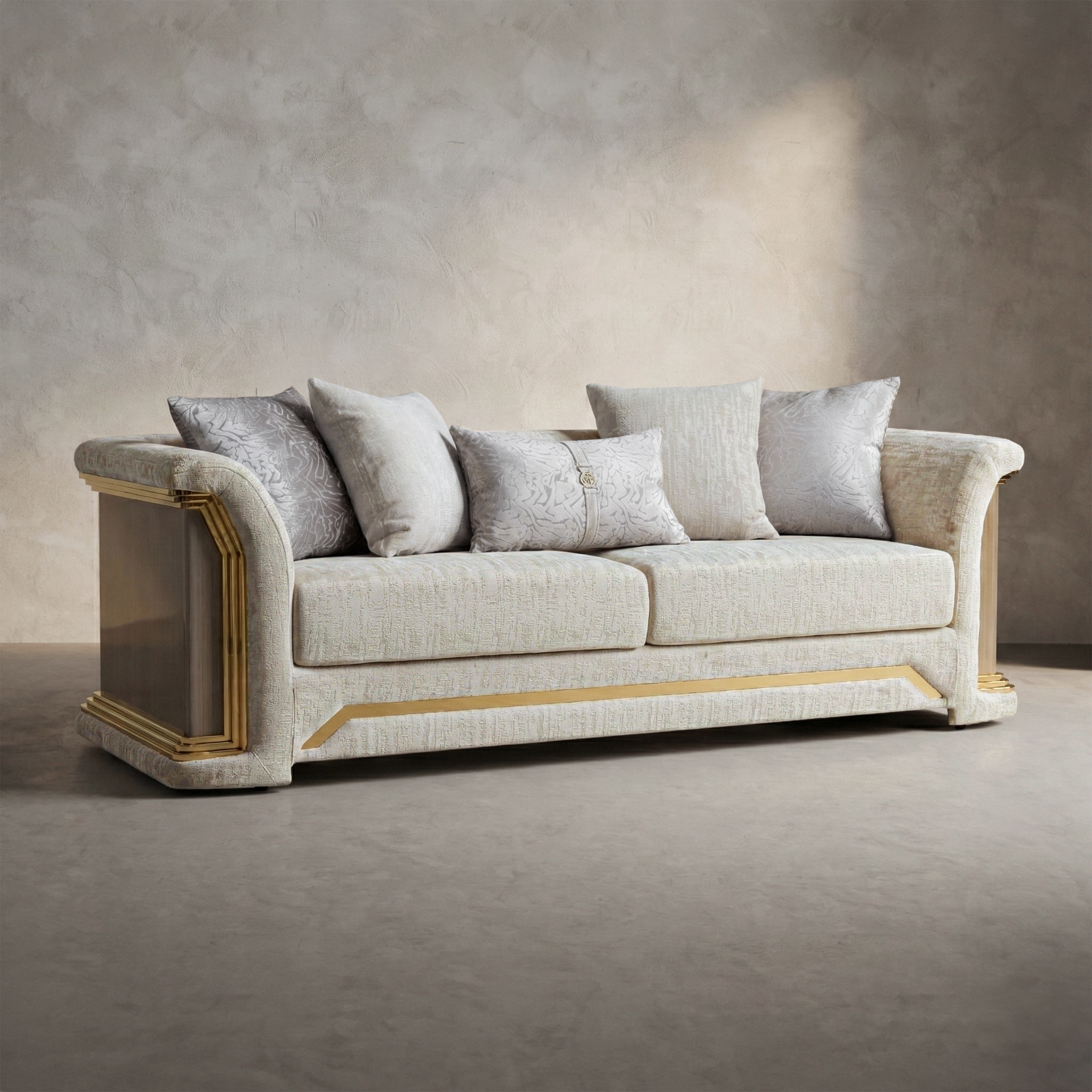 Furniture of America Ospray V Glam Upholstered Metallic Taupe Sofa with Accent Pillows