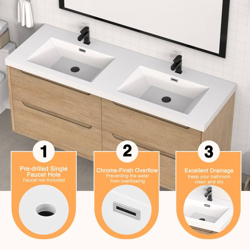 60" in. W x 26" in. D Integrated Resin Bathroom Sink Vanity Top Rectangular Sink One-Piece Design