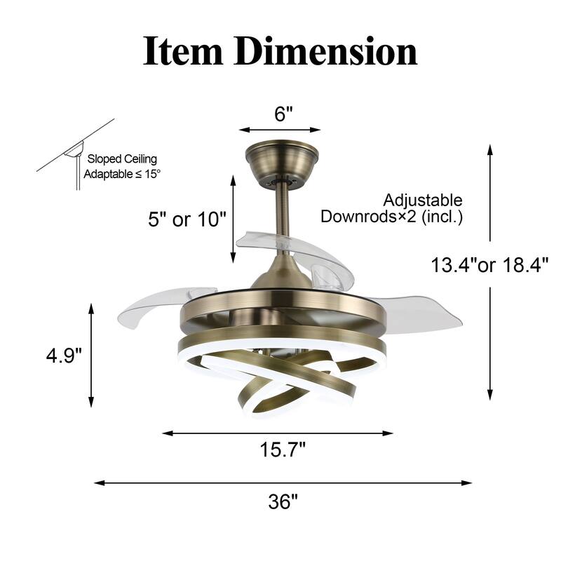 Bella Depot 42" Modern Retractable DIY Shape Ceiling Fan with Remote, 6-Speed Reversible Ceiling Fan with LED Light
