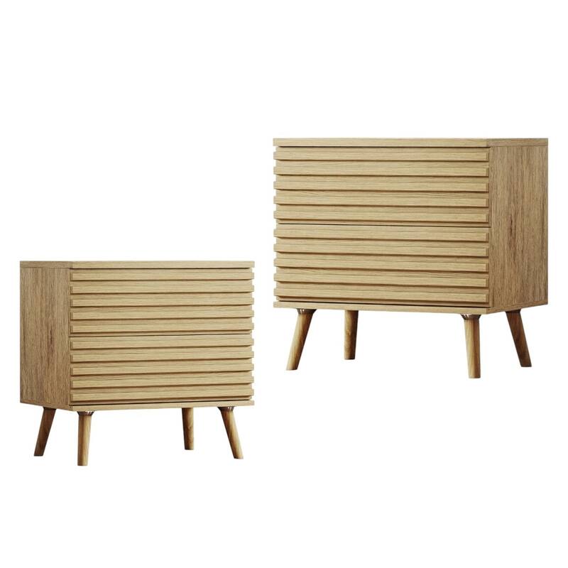 HomeRoots Set of Two 23" Natural Solid Wood Ribbed Texture Two Drawer Nightstand