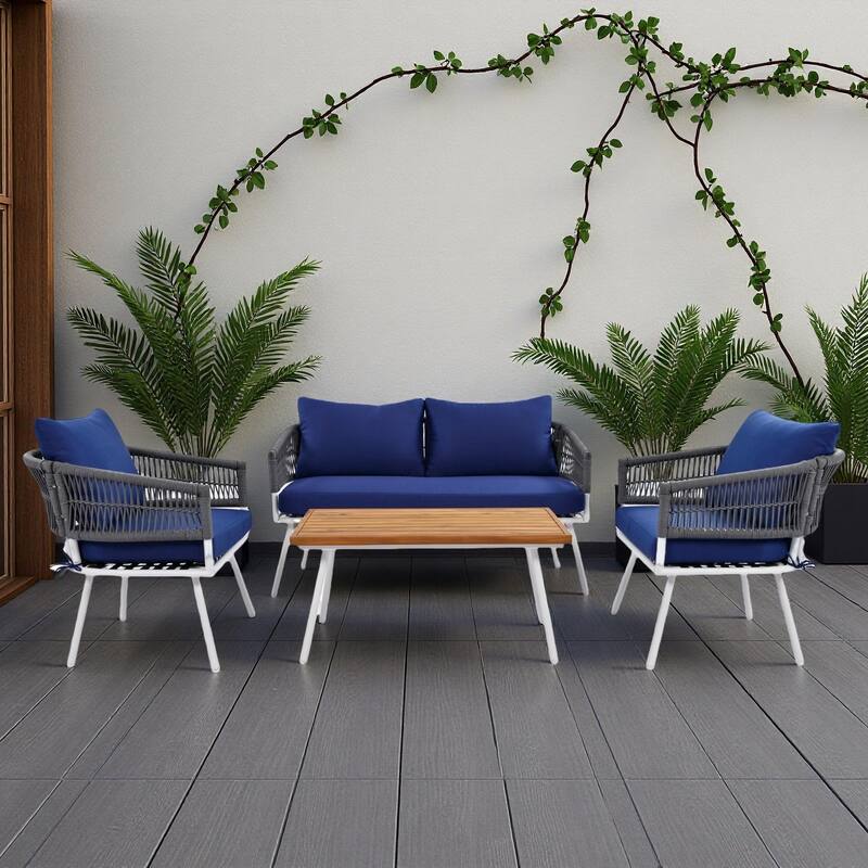 4-Piece Outdoor Patio Rope Conversation Sofa Set with Acacia Wood Cool Bar Table and 2 Armchairs