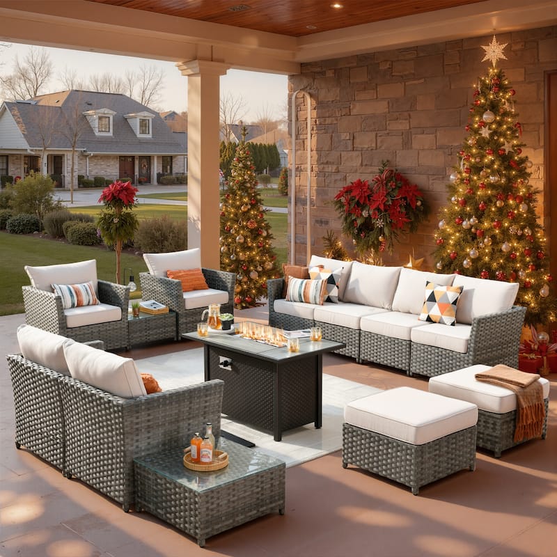 XIZZI 13-piece Outdoor Patio Wicker Furniture Set with Fire Table - Ivory
