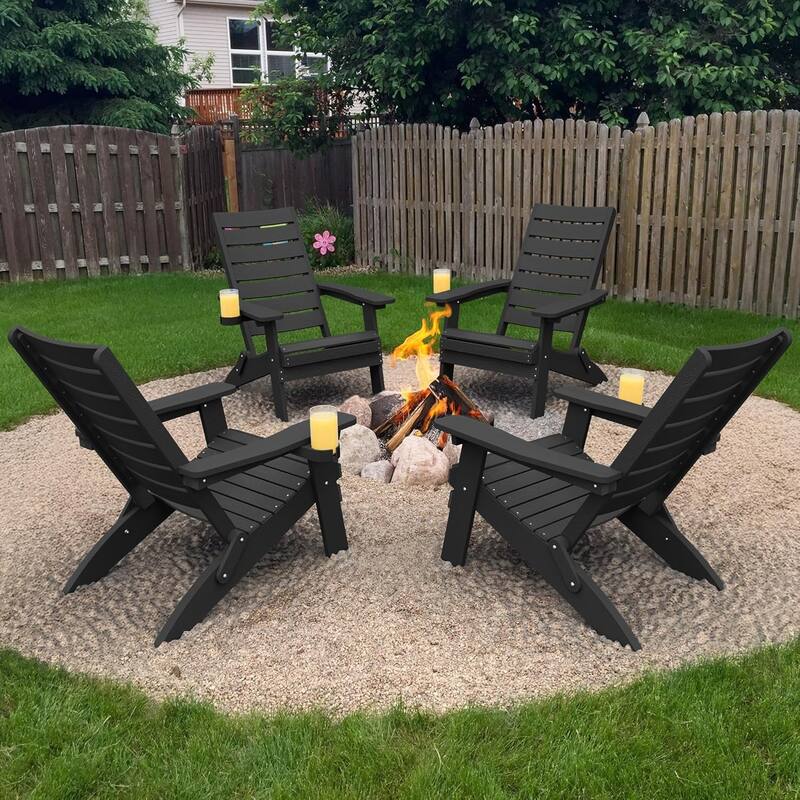 WINSOON HIPS Folding Adirondack Chairs with Arc Back & Cup Holder Set Of 4 - Black