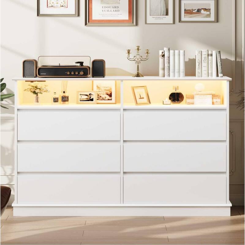 Dresser for Bedroom with 6 Drawers, Modern Chest Featuring LED Lights and Charging Station