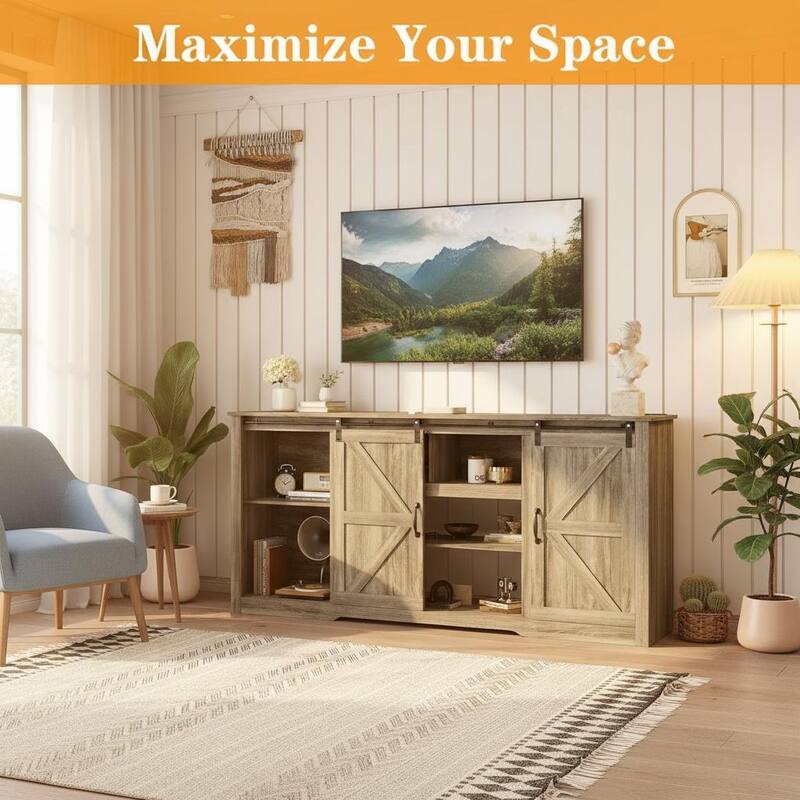 Farmhouse TV Stands, with Adjustable Shelves & Sliding Barn Door