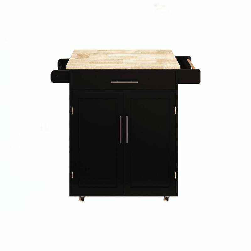 Mobile Kitchen Cart with Rubber Wood Tabletop, Adjustable Storage, and Towel & Seasoning Racks