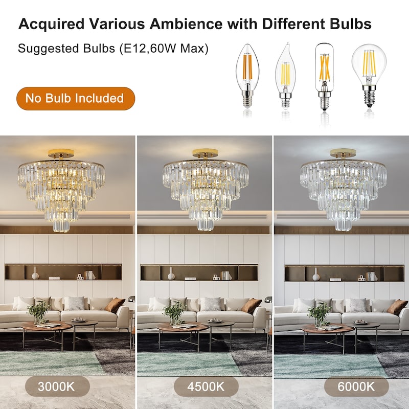 Gold Crystal Chandeliers,5-Tier Round Semi Flush Mount Chandelier Light Fixture, Luxury Ceiling Lighting for Living Room Dining