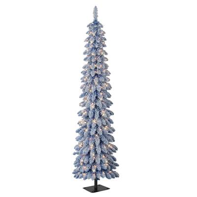 Puleo International 7 ft Pre-Lit Flocked Blue Artificial Alpine Pencil Tree 318 Tips 150 Clear Lights