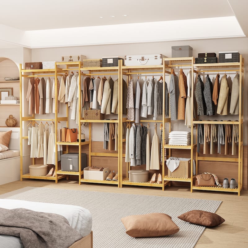 Large Bamboo Clothing Garment Rack Multi-tiered Wardrobe
