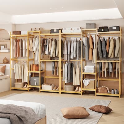 Large Bamboo Clothing Garment Rack Multi-tiered Wardrobe